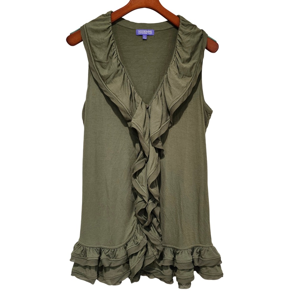 Vivienne Tam Ruffle Front Sleeveless Top Womens Large Olive Green Bohi